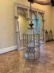 Large Antiqued Brass and Glass Octagonal Lantern Chandelier