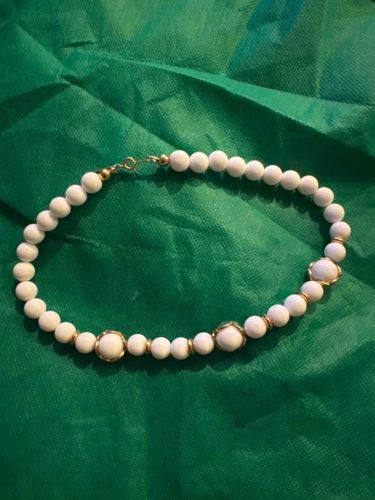 Vintage White Beaded Necklace with Gold-Tone Accents