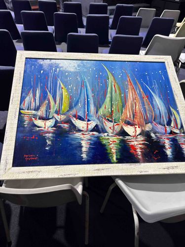 Modern Abstract Sailboat Oil Painting with Distressed Frame