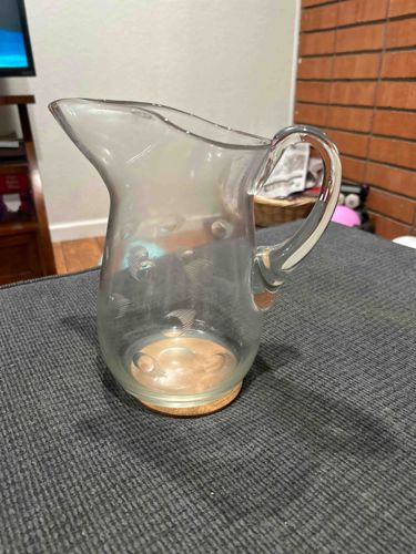 Glass Pitcher with Aquatic Etchings and Cork Base
