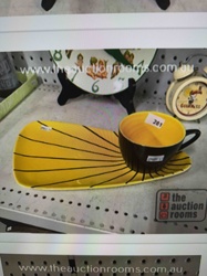 Mid-Century Modern Black and Yellow Teacup and Rectangular Snack Plate Set