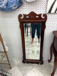 Vintage Carved Wood Wall Mirror with Scrolled Fretwork and Shell Motif