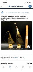 Vintage Nautical Brass Sailboat Sculpture On Stone Base (Lot Of 2)