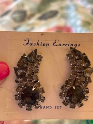 Vintage Smoky Grey Rhinestone 'Fashion Earrings' on Card