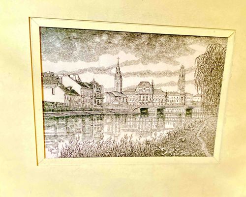 Framed Pen and Ink Drawing of a Riverside European Cityscape