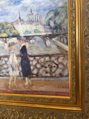 Impressionistic Painting of Notre Dame with Figures on Bridge