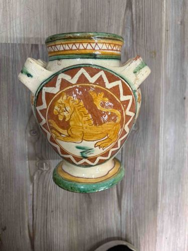 Majolica Style Double-Handled Amphora Vase with Feline Motif