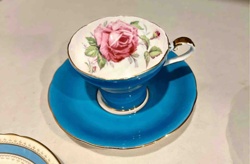 Footed Teacup and Saucer with Pink Rose and Turquoise Glaze