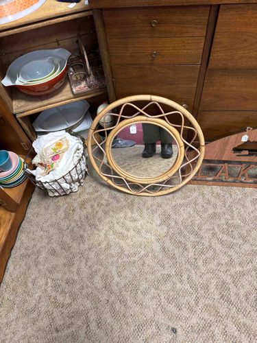 Mid-Century Modern Rattan Wiggle Sunflower Round Mirror