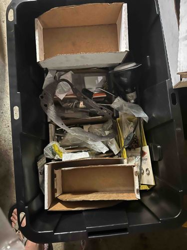Large Black Plastic Storage Tote filled with Mixed Household/Workshop Items