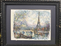 Framed Watercolor Painting of Paris with Eiffel Tower and Seine River