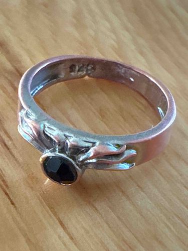 Sterling Silver Ring with Black Agate and Sculpted Details