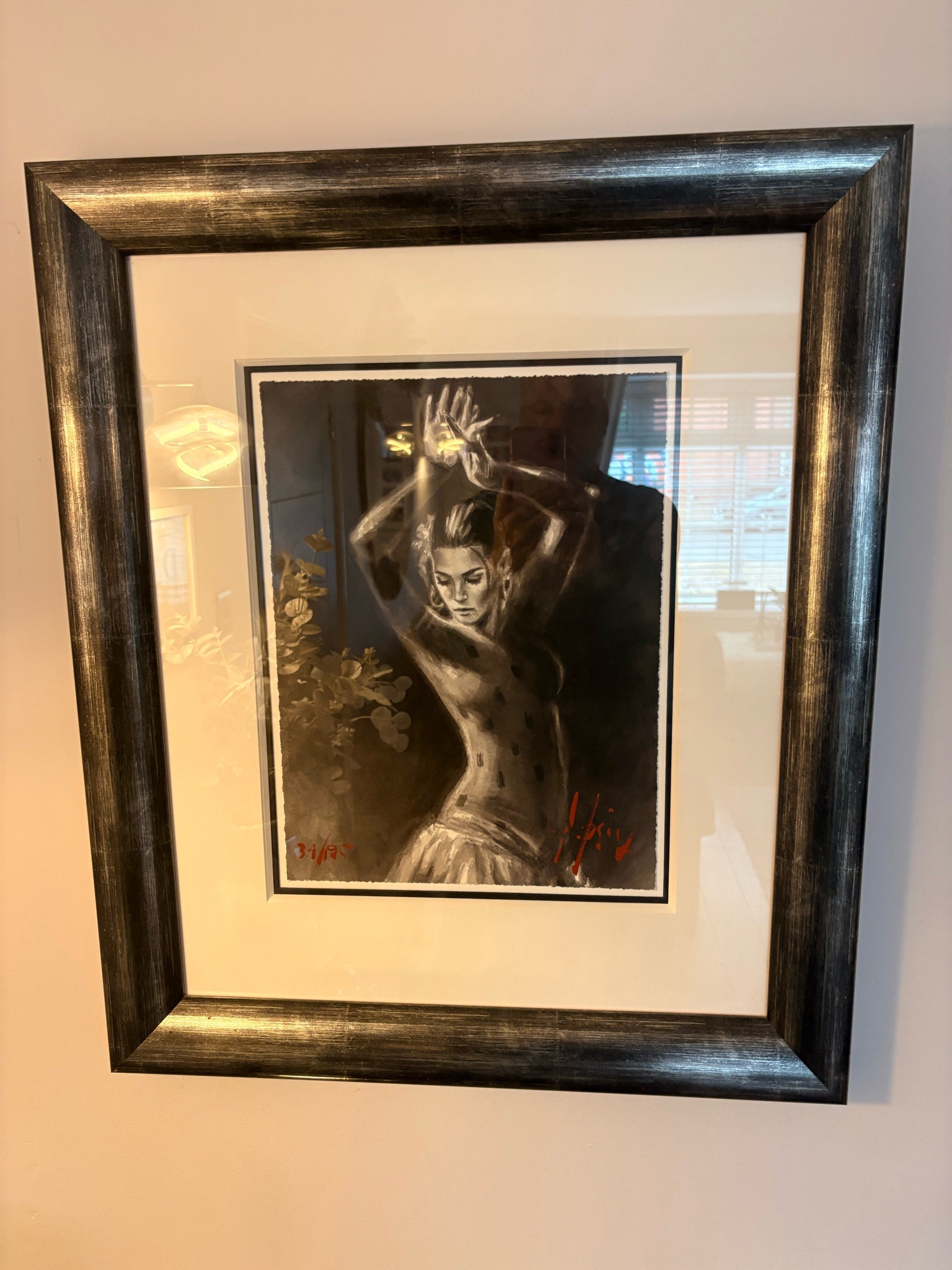 Submitted photo of Framed monochrome artwork of a dancer, signed 'Hignett'