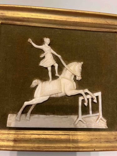 Framed Carved Ivory or Bone Equestrian Figure