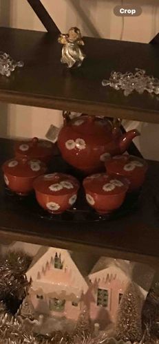 Japanese Red Lacquer Tea Set with Hand-Painted Flowers
