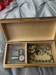 Vintage Wooden Music Jewelry Box with Internal Mechanism and Assorted Charms