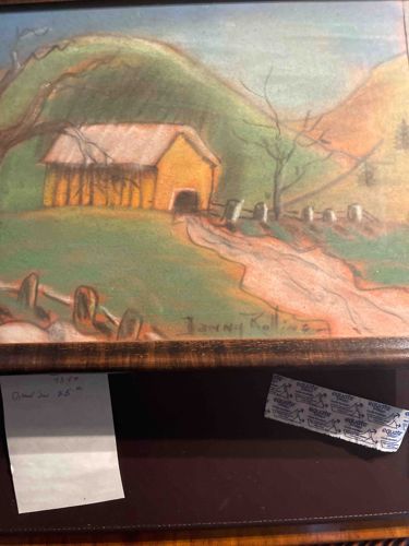 Framed Pastel Drawing: Country Barn & Landscape