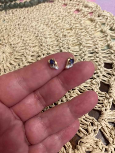 Gold and Blue Opaque Gemstone Stud Earrings with Diamond Accents