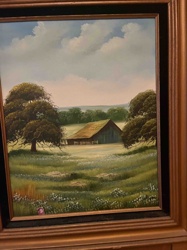 Framed Oil Painting: Rustic Barn Landscape