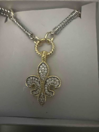 Two-Tone Fleur-de-lis Pave Pendant Necklace