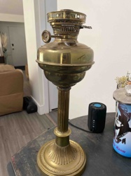 Antique Brass Oil Lamp with Fluted Column and Ornate Base