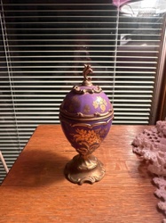 Gilt-Decorated Purple Porcelain Egg Box on Ornate Metal Stand