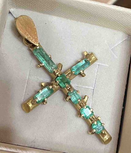 Emerald and Gold Twig Cross Pendant