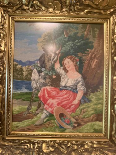 Framed Pastoral Petit Point Needlework of a Shepherdess and Goat