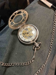 Silver-Tone Skeleton Pocket Watch with Hunter Case and Chain