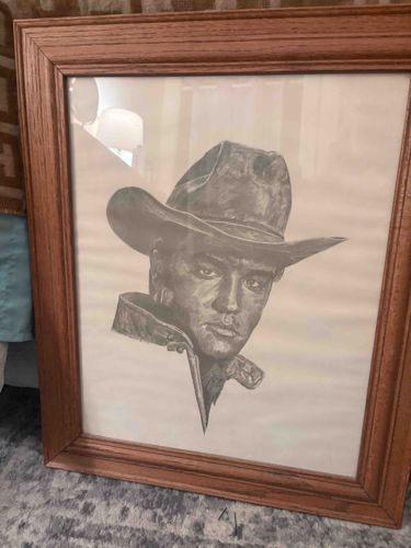 Framed Pencil Drawing of Elvis Presley in a Cowboy Hat