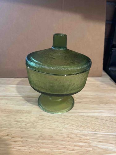 Mid-Century Olive Green Bark Textured Glass Lidded Candy Dish / Compote