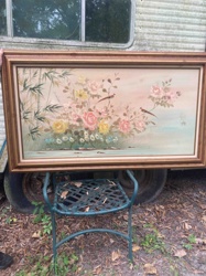 Framed Floral and Avian Oil Painting
