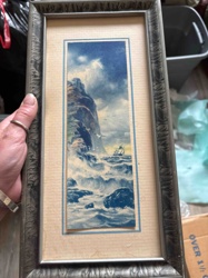 Framed Stormy Seascape Print with Sailing Ship and Cliffs