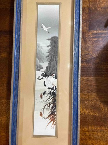 East Asian Vertical Scroll-Style Silk Painting of Cranes