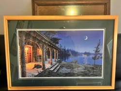 Framed Log Cabin on Lake Print