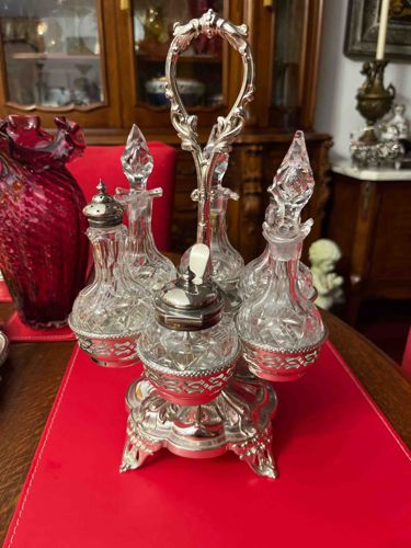 Victorian Style Silver-Plated and Cut Glass Cruet Set