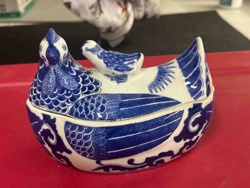 Blue and White Ceramic Hen on Nest Tureen/Covered Dish