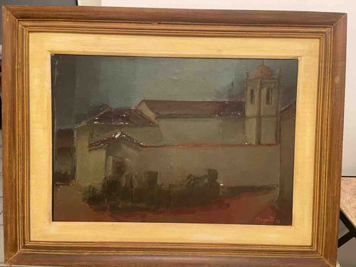 Modernist Oil Painting of a Church by Marquetti, 1972