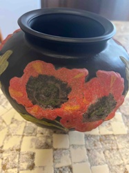 Black Matte Ceramic Vase with Textured Red and Green Floral Motif