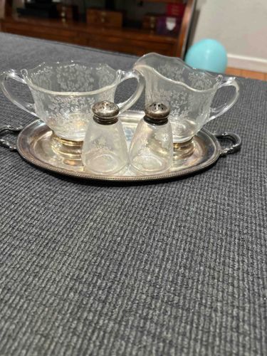 Vintage Etched Glass Creamer, Sugar Bowl, Salt & Pepper Shakers with Silver-Plated Tray