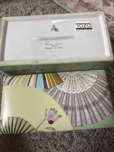 Fabienne Jouvin PARIS Porcelain Handpainted Rectangular Box with Fan and Floral Motif