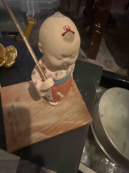 Japanese Ceramic Boy Figurine with Fishing Rod on Wooden Base