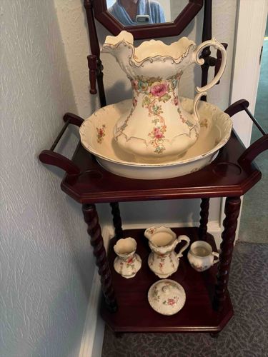 Victorian Era Wash Stand with Porcelain Basin and Pitcher Set