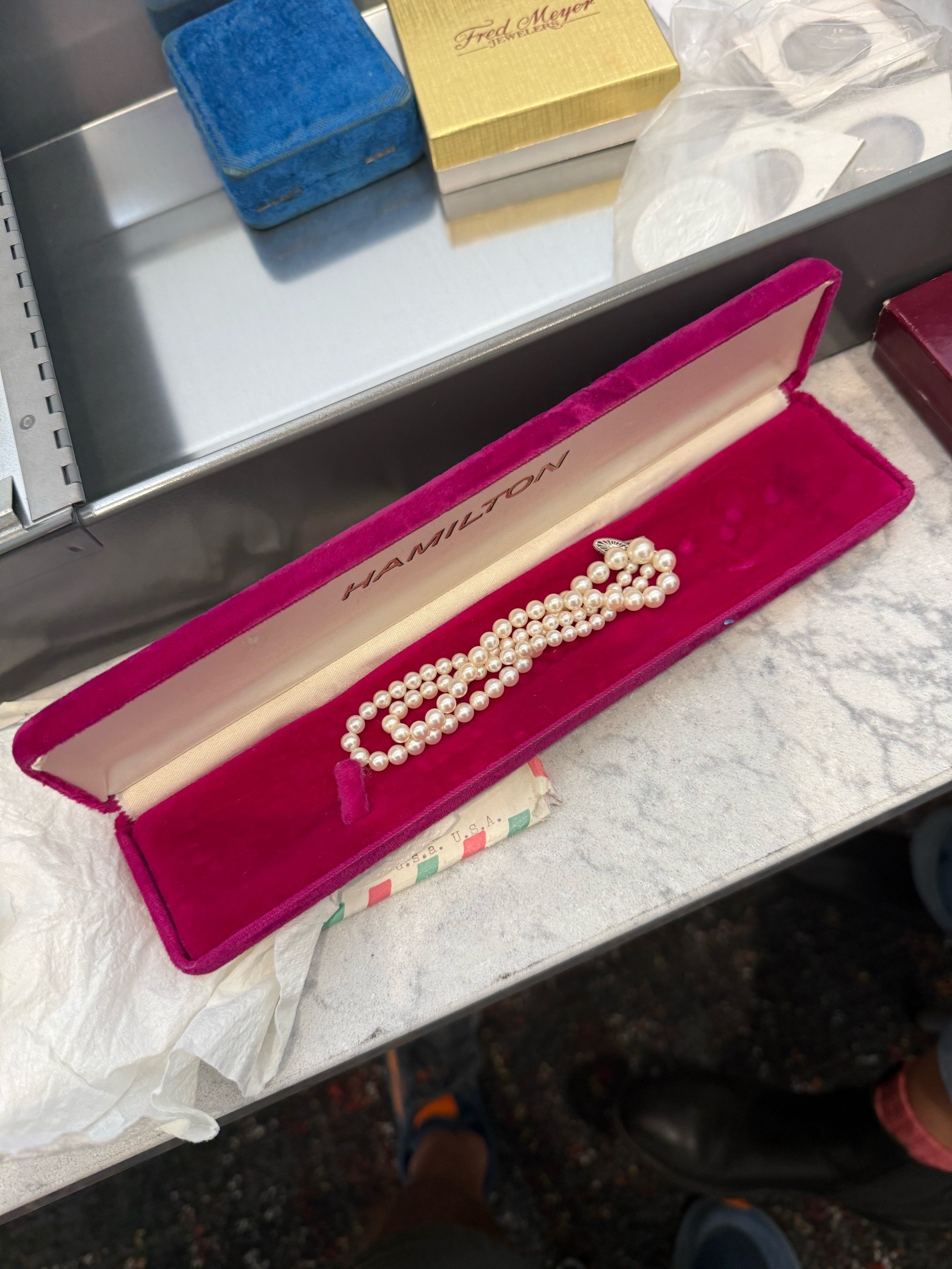 Submitted photo of Multi-strand pearl bracelet in box labeled 'HAMILTON' (not authenticated)