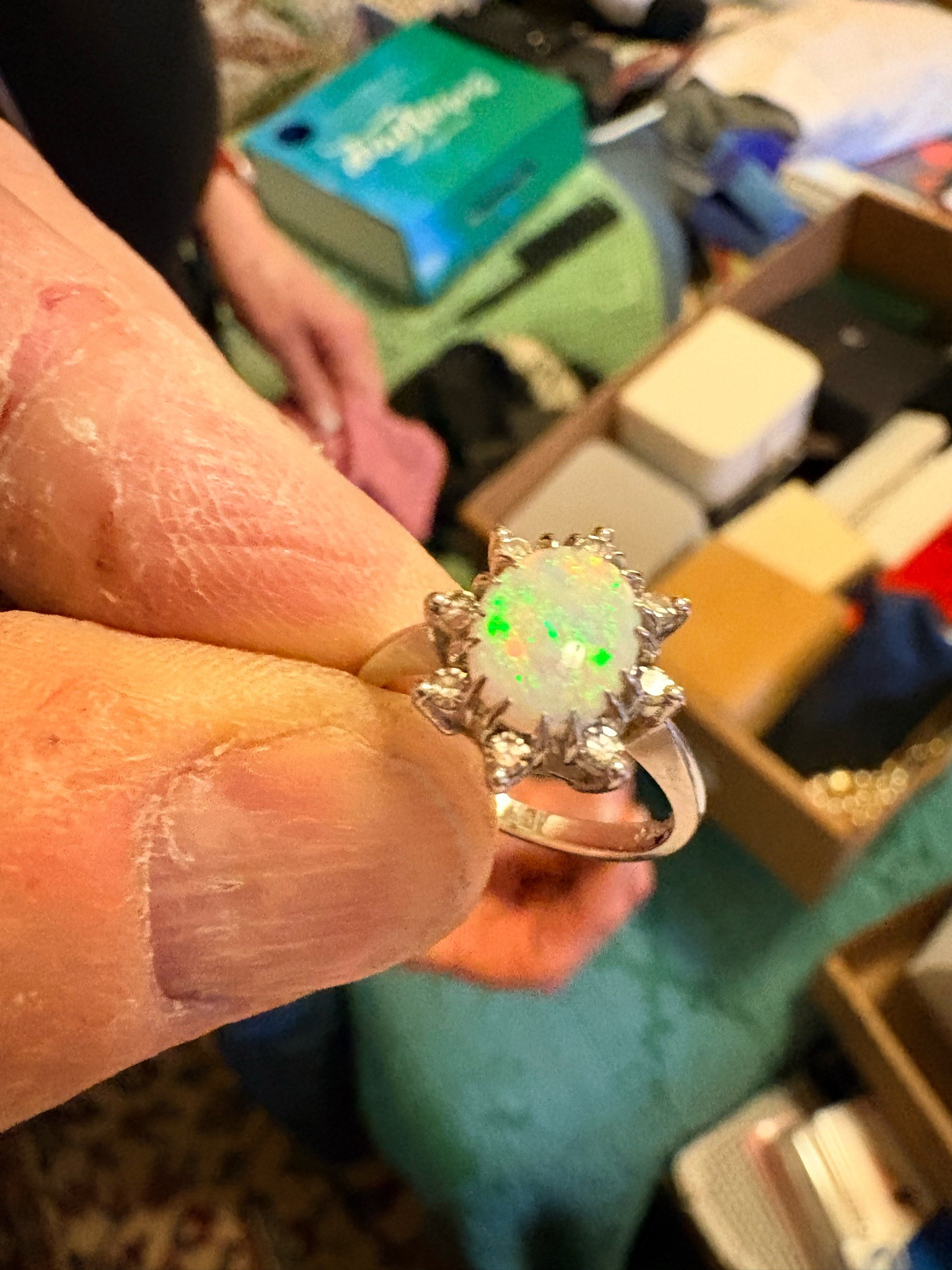 Vintage Oval Opal and Diamond Sunburst Ring