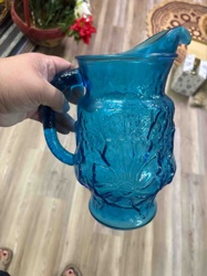 Turquoise Blue Glass Pressed Flower Pitcher