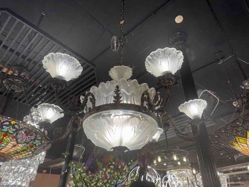 Multi-Arm Metal Chandelier with Frosted Fluted Glass Shades