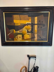 Cubist Still Life Painting with Musical Instruments, Cards, and Book