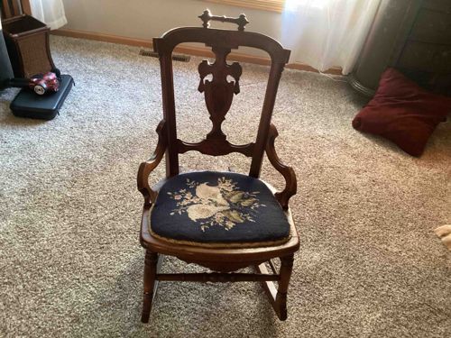 Vintage Carved Wood Rocking Chair with Needlepoint Cushion