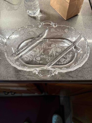 Fostoria Etched Glass Divided Relish Dish with Handles